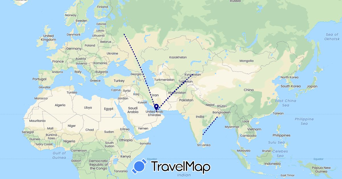 TravelMap itinerary: driving in United Arab Emirates, India, Kyrgyzstan, Russia, Tajikistan (Asia, Europe)